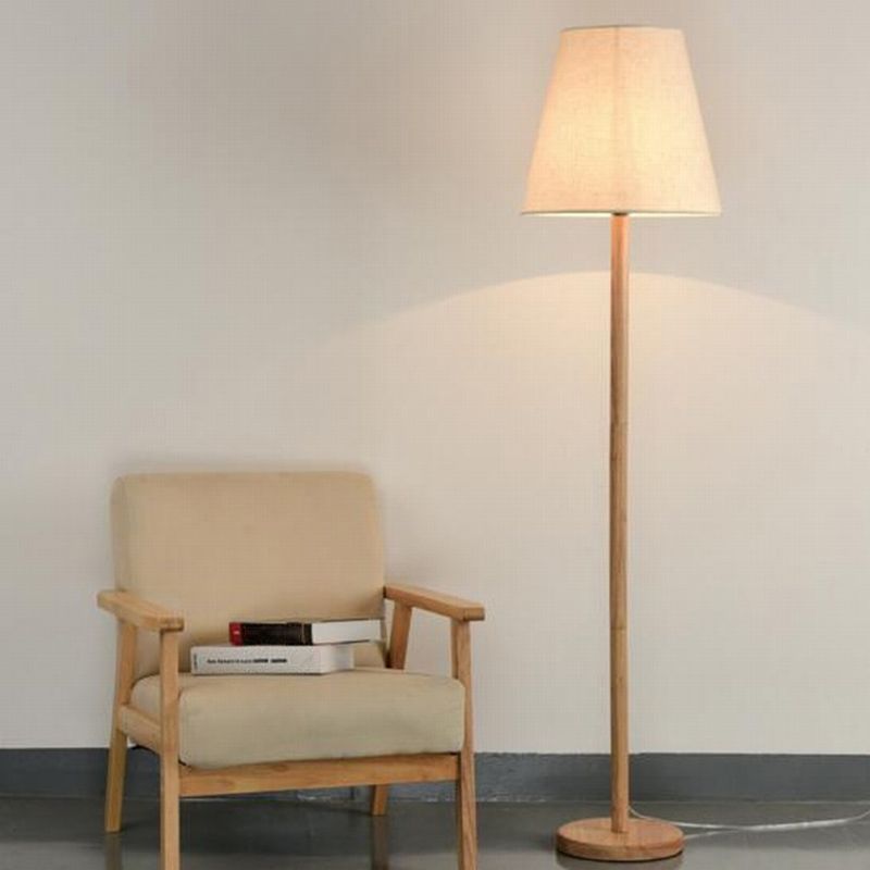 Simplicity Geometrical Floor Lamp Fabric 1-Light Study Room Standing Lighting in Wood