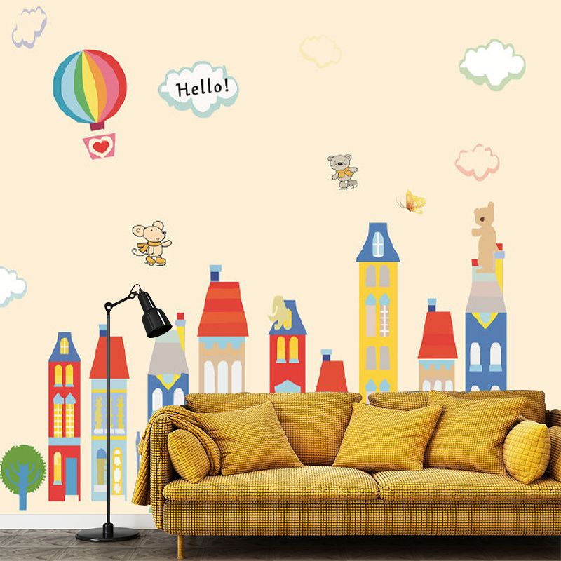 Cartoon Fantasy Houses Wall Mural Pastel Color Stain-Resistant Wall Decor for Kindergarten