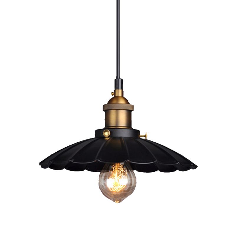 Scalloped Metal Pendant Lighting Farm Style Coffee Shop Hanging Light Kit in Black