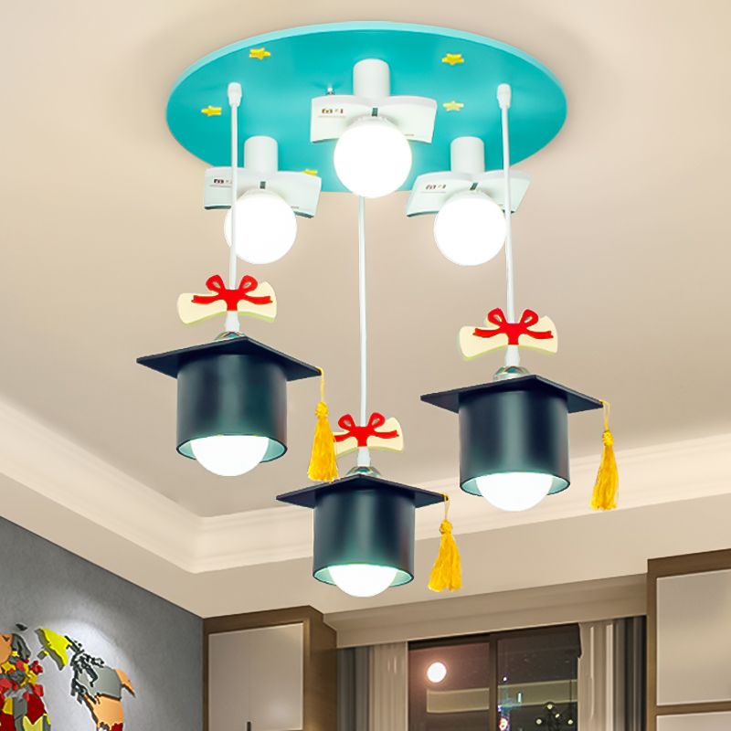 Bachelor Cap Metal Cluster Pendent Kids 6 Heads Blue Down Lighting For Children Bedroom