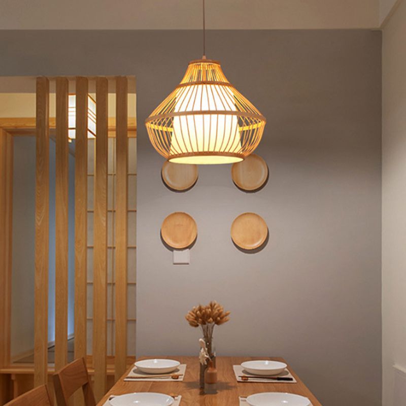 Bamboo Lantern Hanging Pendant Light Asian Single Bulb Pendant Light for Restaurant, 16"/18" Diameter