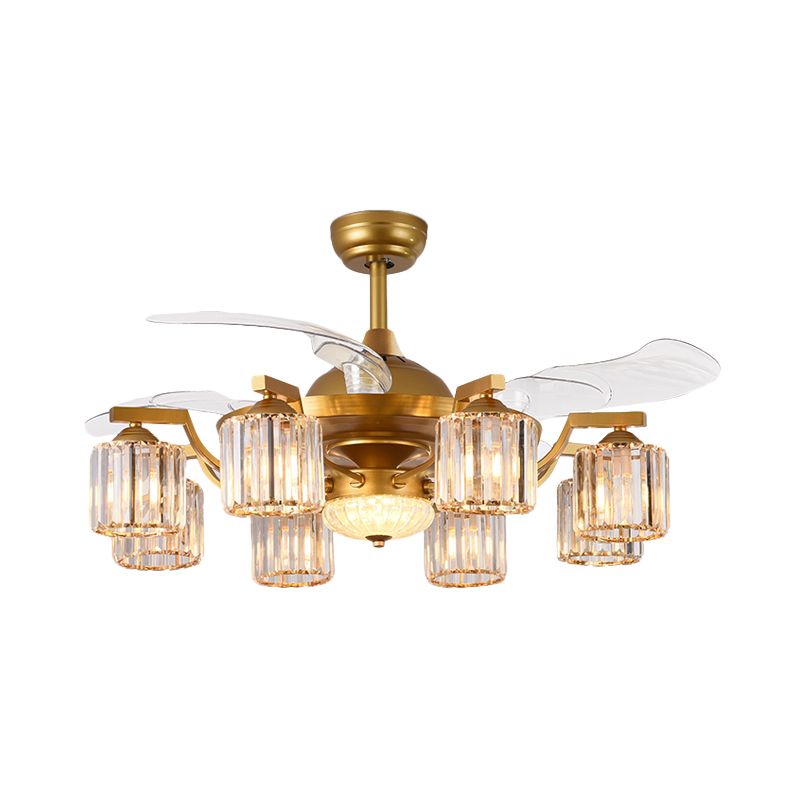 Crystal Cylinder Hanging Fan Light Traditional 8 Bulbs 3-Blade Semi Flush Mount Light in Gold, 43" Width