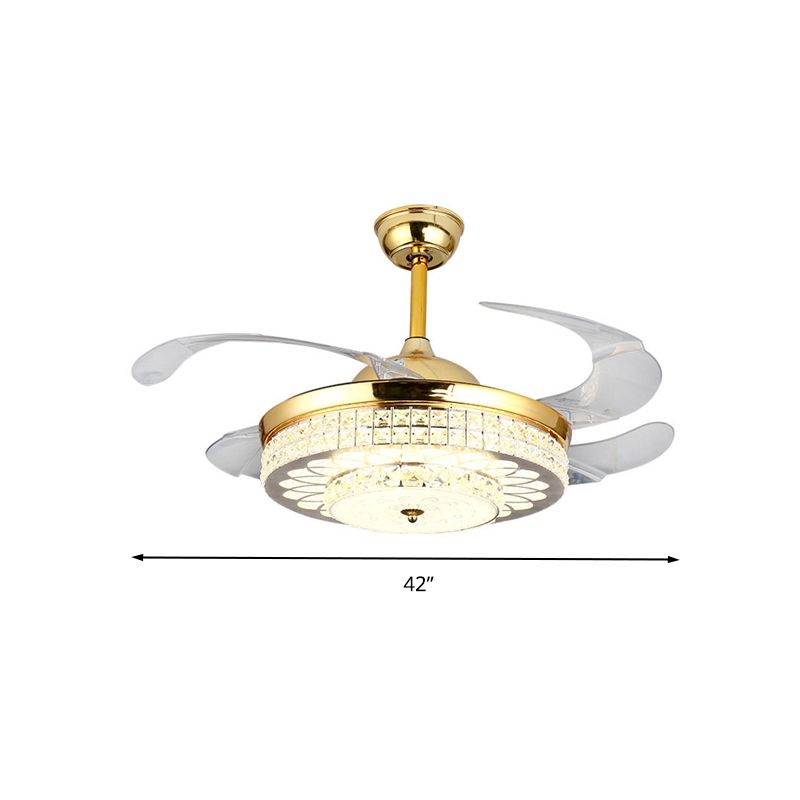 Silver/Gold 2-Tier LED Downrod Ceiling Fan Modernist 4-Blade Faceted Crystal Hanging Lamp with Wall Control/Remote Control/Frequency Conversion