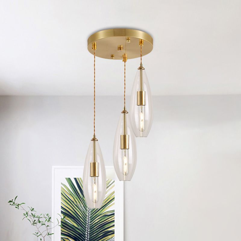 Brass Waterdrop Multi Light Pendant Modernist 3 Bulbs Clear Glass Suspension Lamp with Round Canopy