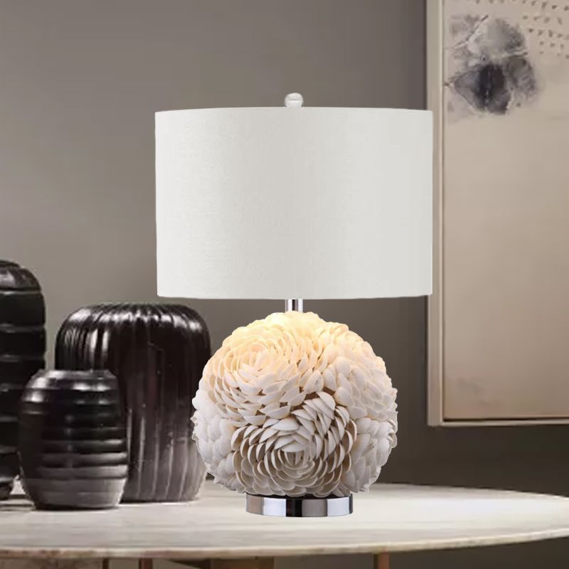 Rose Globe Kitchen Table Lighting Rural Shell 1-Light White Nightstand Lamp with Drum Shade