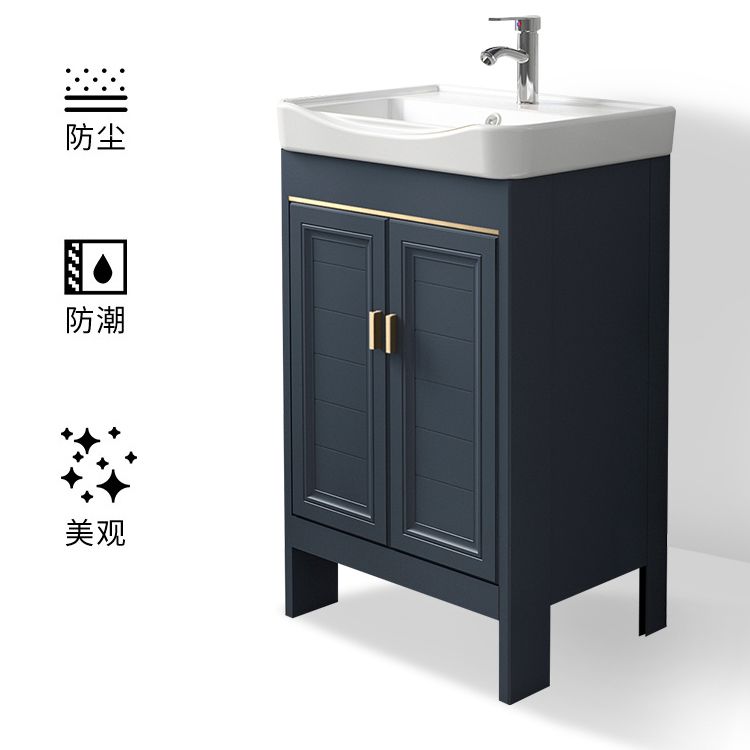 Blue Vanity Freestanding Rectangular Single Sink Mirror Metal Frame Vanity with 2 Doors