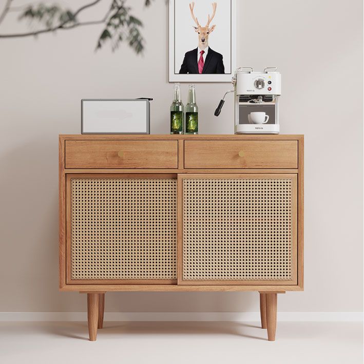 Contemporary Pine Wood Sideboard with Cabinets and Drawers Brown Dining Buffet for Home