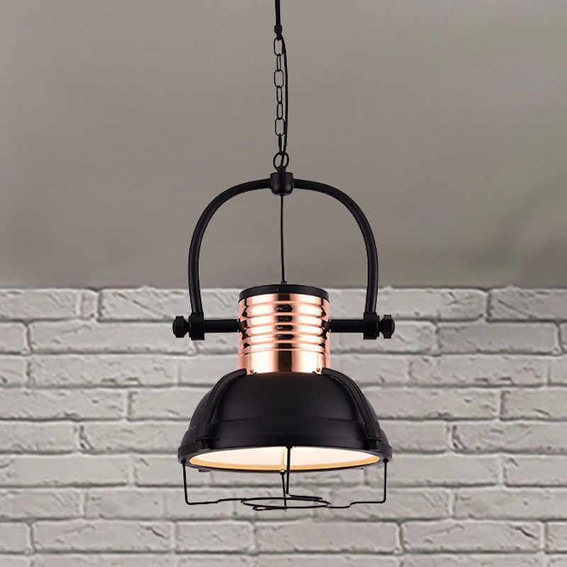 Matte Black 1 Light Pendant Light Industrial Metallic Dome Shade Ceiling Fixture with Glass Diffuser and Wire Cage