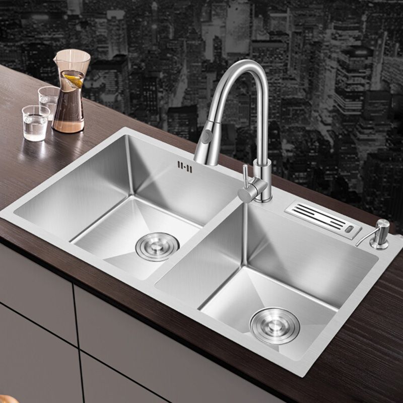 Contemporary Style Kitchen Sink Stainless Steel Double Basin Drop-In Kitchen Sink