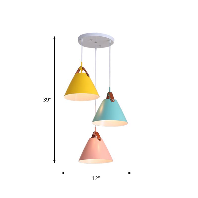 Frustum Shaped Metal Hanging Light Macaron 3 Bulbs Blue-Pink-Yellow/Black-Grey-White Pendant Lamp in Warm/White Light, Round/Linear Canopy