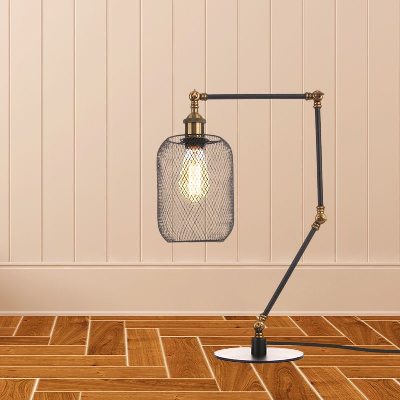 Metal Cylindrical Table Lighting Industrial Style 1 Light Black/Brass Finish Adjustable Table Light with Mesh Screen