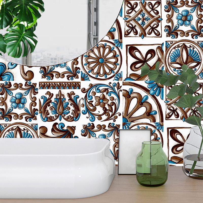 Boho Moroccan Tiles Wallpapers for Washroom 9.7-sq ft Adhesive Wall Art in Dark Color, 10 Pieces