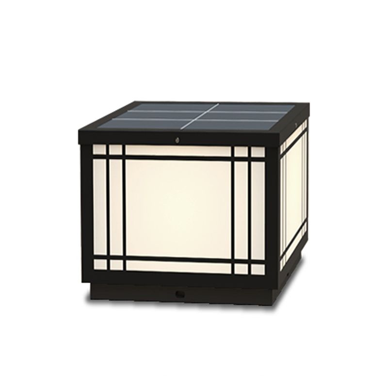 Black Solar Energy Pillar Lamp Modern Metal Square Outdoor Light for Garden