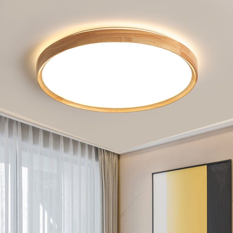 Round Wooden Ceiling Mount Light LED Ceiling Light with Acrylic Shade for Bedroom