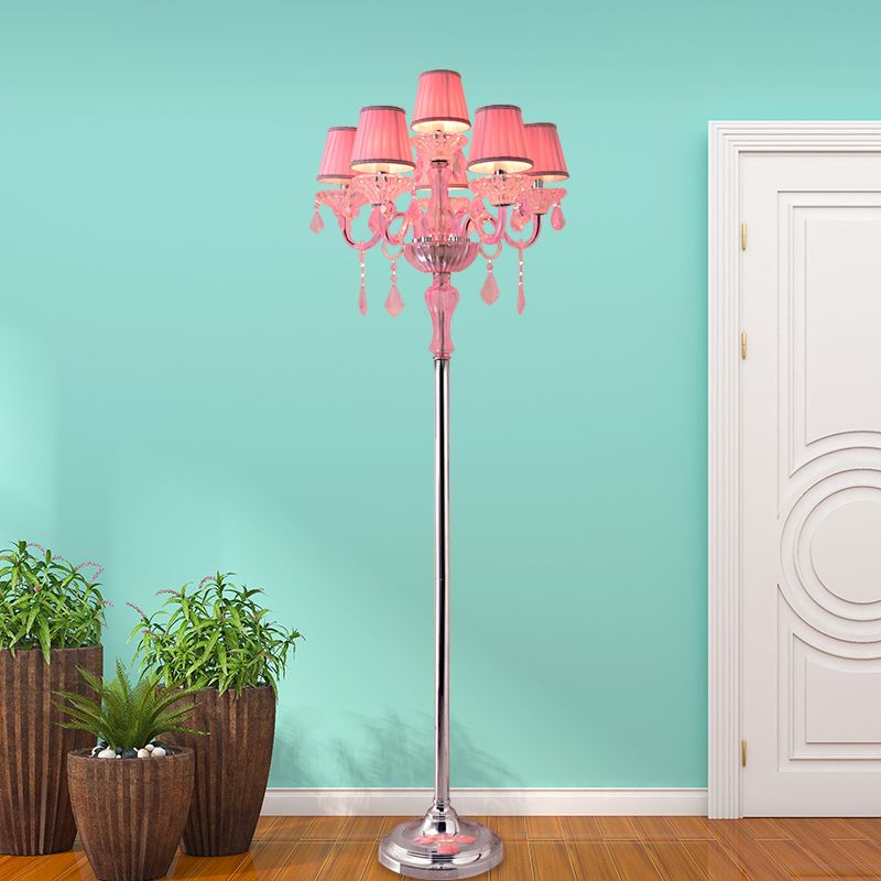 Crystal Pink Floor Reading Lamp Candlestick 5/6/7-Head Traditional Standing Light with Pleated Lampshade