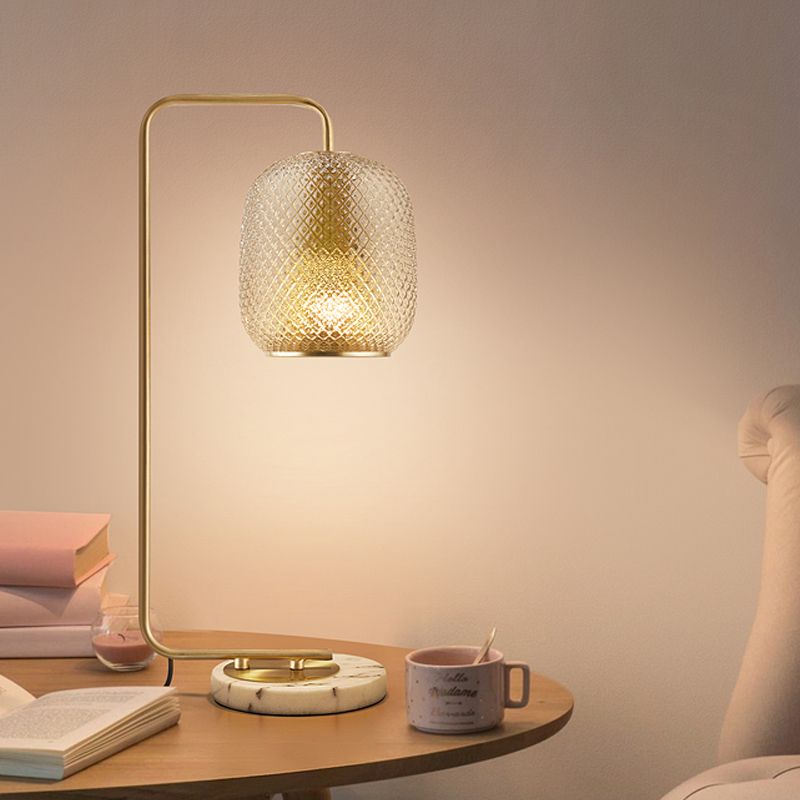 Metal Oval Nightstand Lamp Luxurious 1 Head Brass Table Light with Clear Prismatic Glass Shade