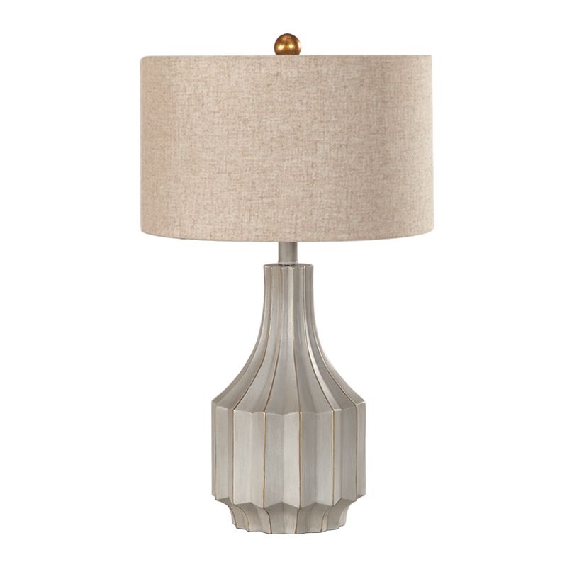 1-Light Drum Table Lamp Countryside White/Beige Fabric Reading Book Lighting with Ridged Vase Base