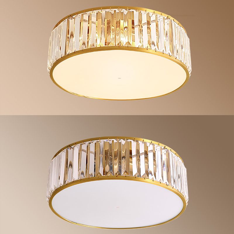 Drum Shade Flush Mount Gold Ceiling Light Fixture with Crystal for Bedroom