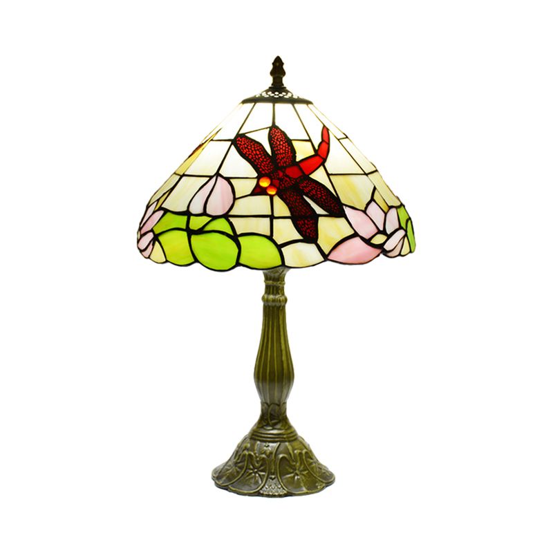 Handcrafted Stained Glass Cone Night Lamp Tiffany 1 Light Bronze Finish Table Lighting with Dragonfly and Lotus Pattern