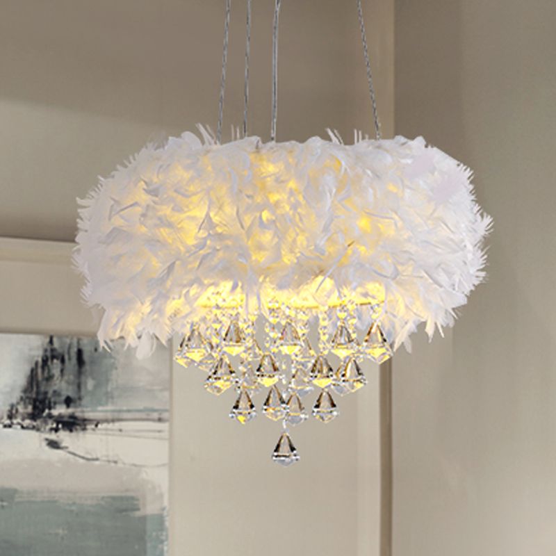 Drum Dining Room Hanging Light Feather Romantic Suspension Light with Crystal Deco in White