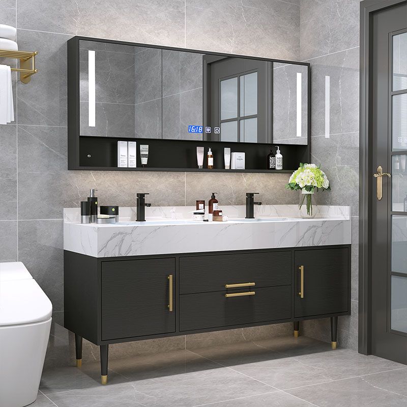 Double Sink Vanity Set 2 Doors Rectangle Freestanding Metal Frame Vanity with Mirror