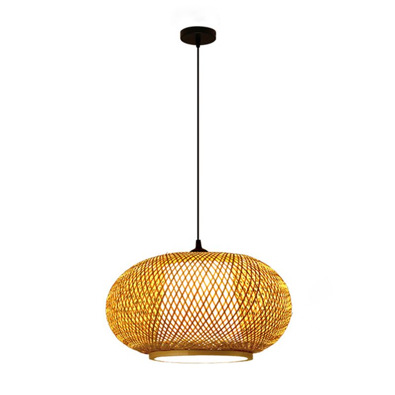 Brown Drum Pendant Light in Asian Creative Style Wrought Iron Hanging Lamp with Bamboo Weaving Shade