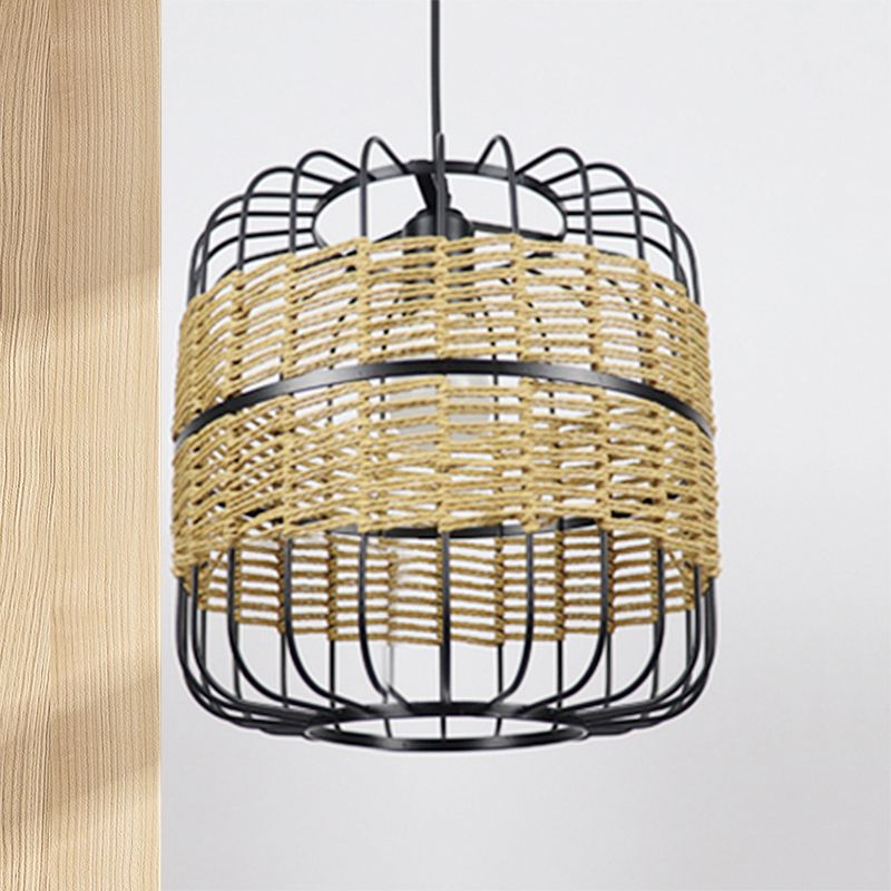 Cylinder Metal Cage Hanging Lamp Modern Straw Rope 1-Light Beige Drop Ceiling Light for Bedroom Restaurant