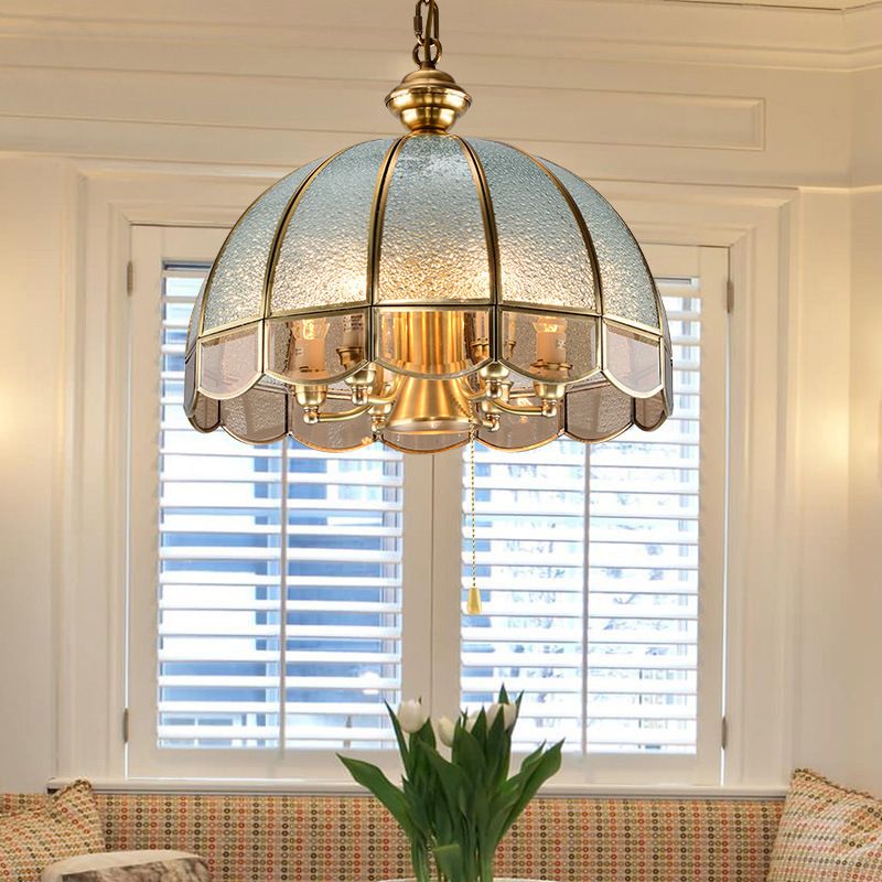 Hemisphere Study Room Chandelier Lighting Vintage Ripple Glass Gold Pendant Light with Pull Chain with Scalloped Edge