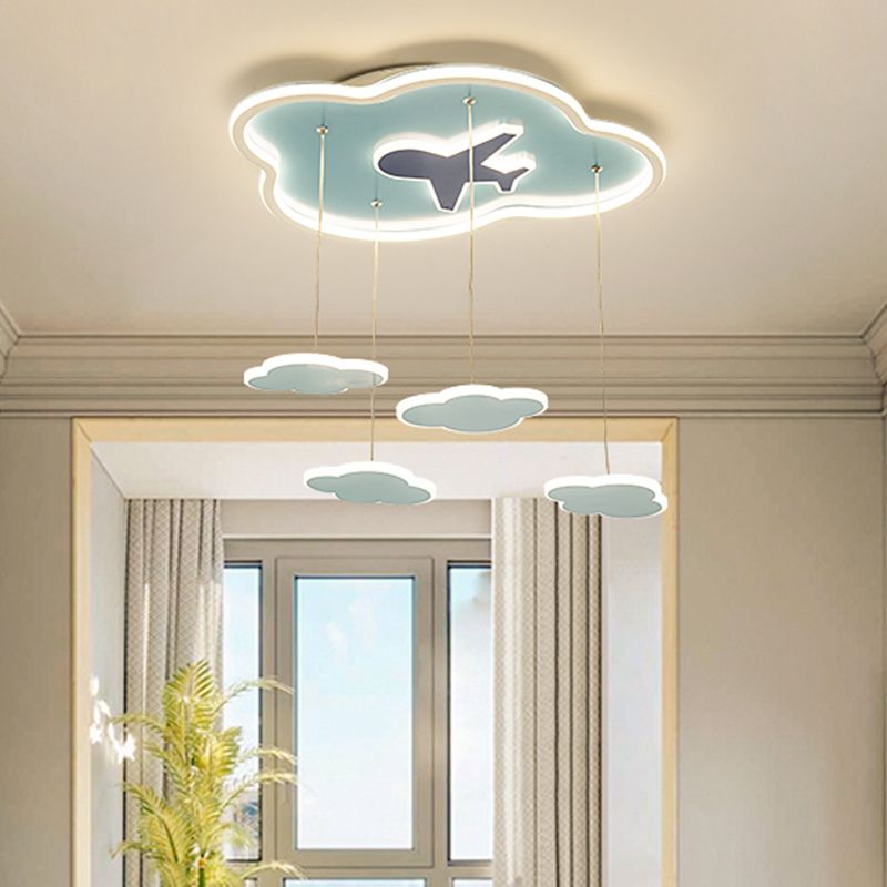 Contemporary LED Hanging Light with Metal Shade Blue Cloud Shape Multi Light Pendant for Kids Bedroom