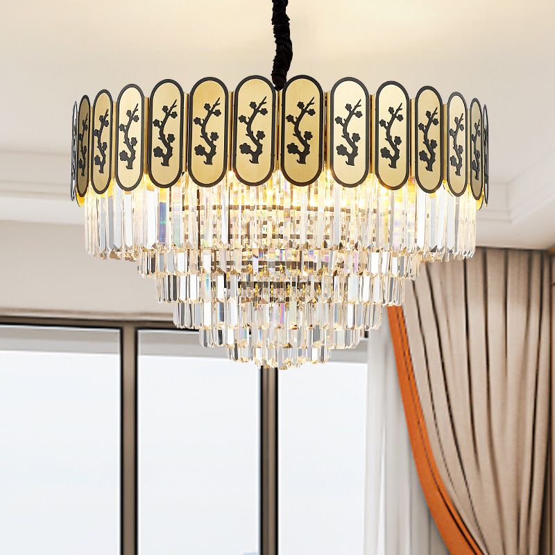 Modern Round Chandelier Lighting Fixture Crystal and Metal Hanging Light with Flower Pattern in Brass for Bedroom