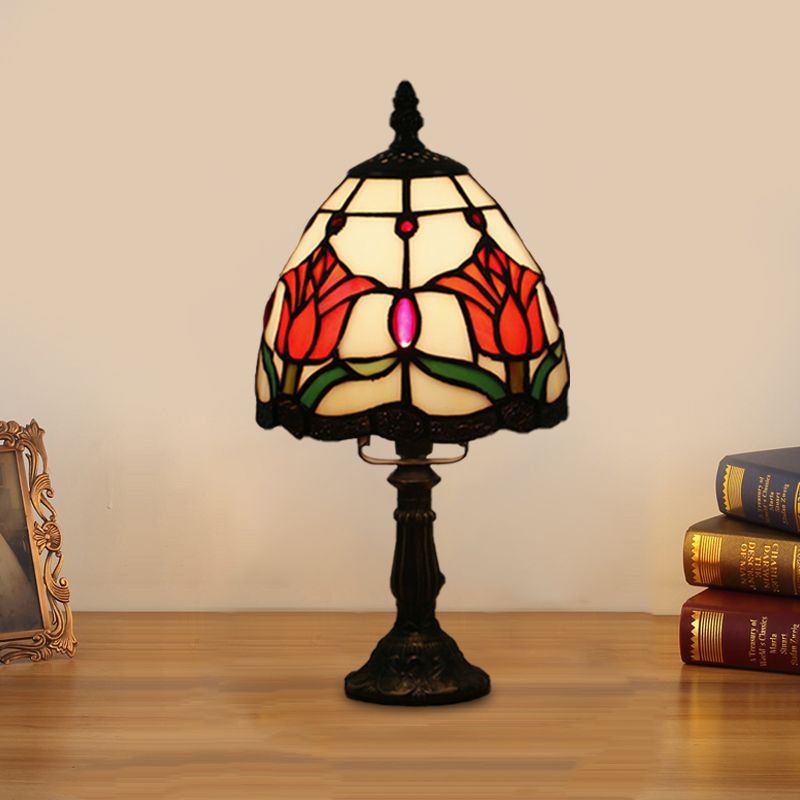 Dome Shape Nightstand Lighting 1-Light Stained Glass Baroque Style Blossom Patterned Table Lamp in Red/Pink/Orange