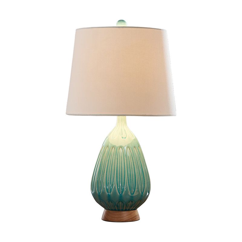 Raindrop-Like Porcelain Nightstand Lamp Retro 1 Bulb Bedside Table Light in Green with Barrel Fabric Shade