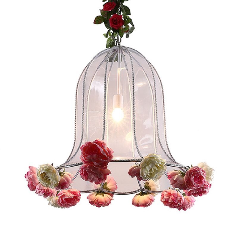 Bell Metallic Hanging Light Kit Warehouse 1 Bulb Restaurant Pendant Lamp with Artificial Flower Deco