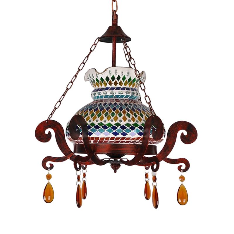 Stained Glass Weathered Copper Pendant Vase 1 Light Moroccan Style Hanging Light Kit