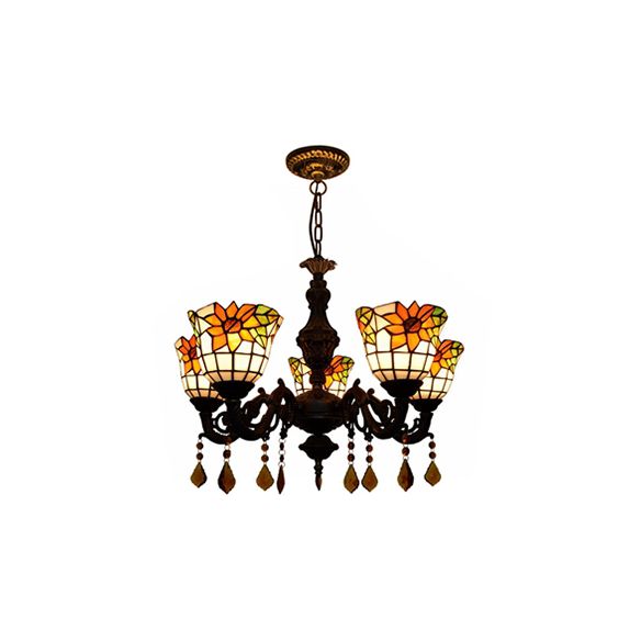 Bell Chandelier Tiffany Tache-vitrail 5 lumières Lumière de suspension décorative avec motif de tournesol