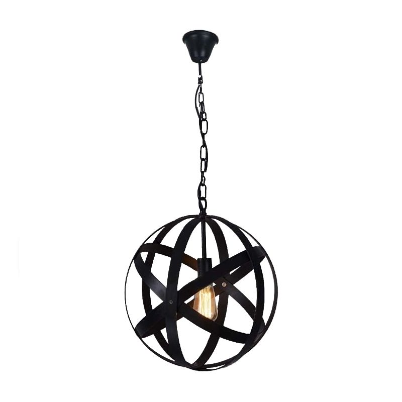 1 Light Spherical Hanging Ceiling Light Industrial Black Metallic Pendant Lamp with Wire Guard for Living Room