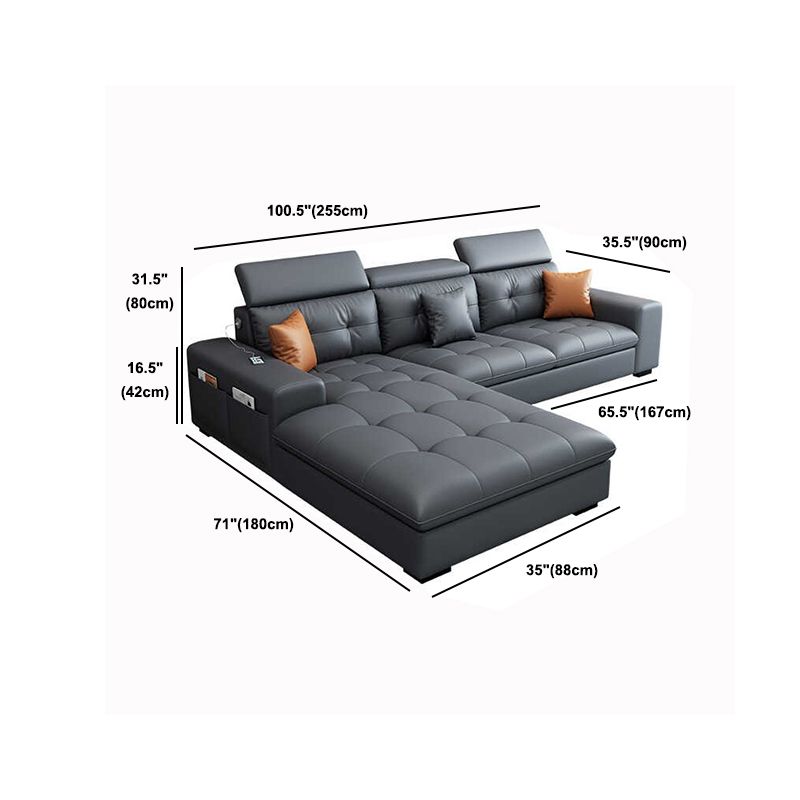 Modern Tufted Sofa & Chaise Recessed Arm Grey Faux Leather Sofa with Storage