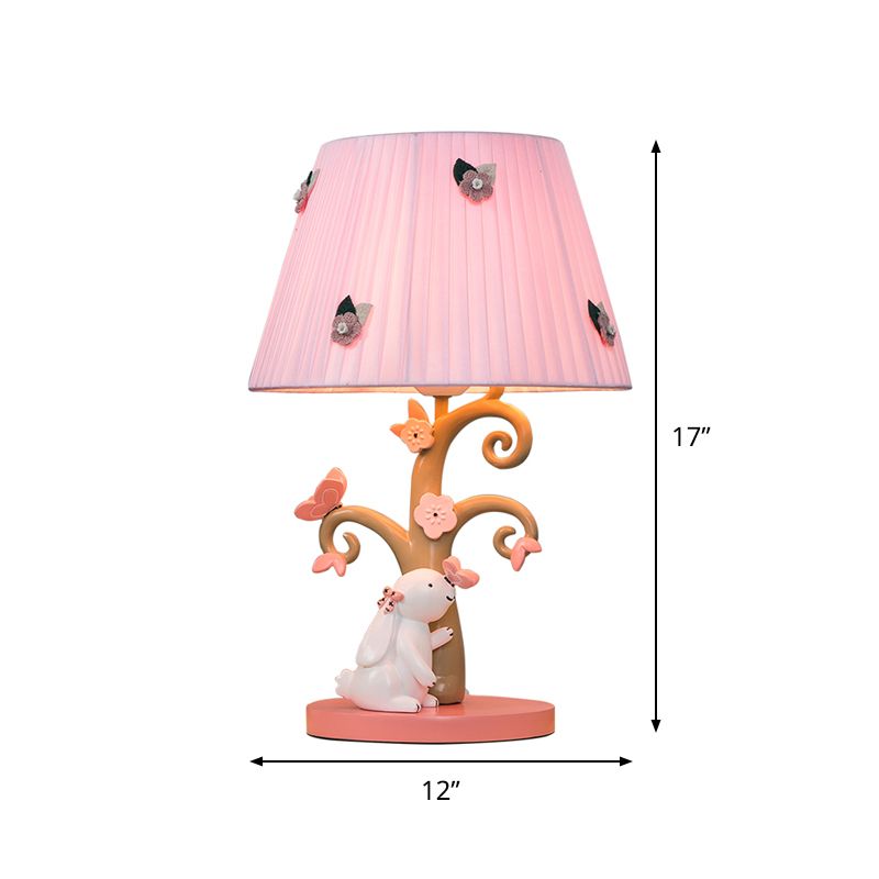 Cartoon Pleated Shade Table Light Fabric 1 Bulb Bedroom Night Lighting in Pink with Rabbit Decor