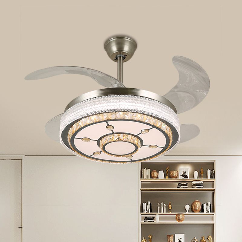 19" Wide Round Parlor Pendant Fan Lamp Modern Clear Crystal Blocks Stainless-Steel LED Semi Flush