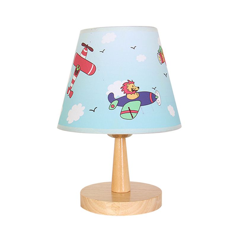 Fabric Conical Table Lamp Cartoon 1 Head Wood Nightstand Light with Airplane/Elephant/Bear Pattern for Bedroom