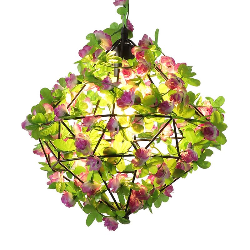 1 Light Ceiling Pendant Lamp Retro Restaurant Plant Hanging Light with Geometric Wire Cage in Black