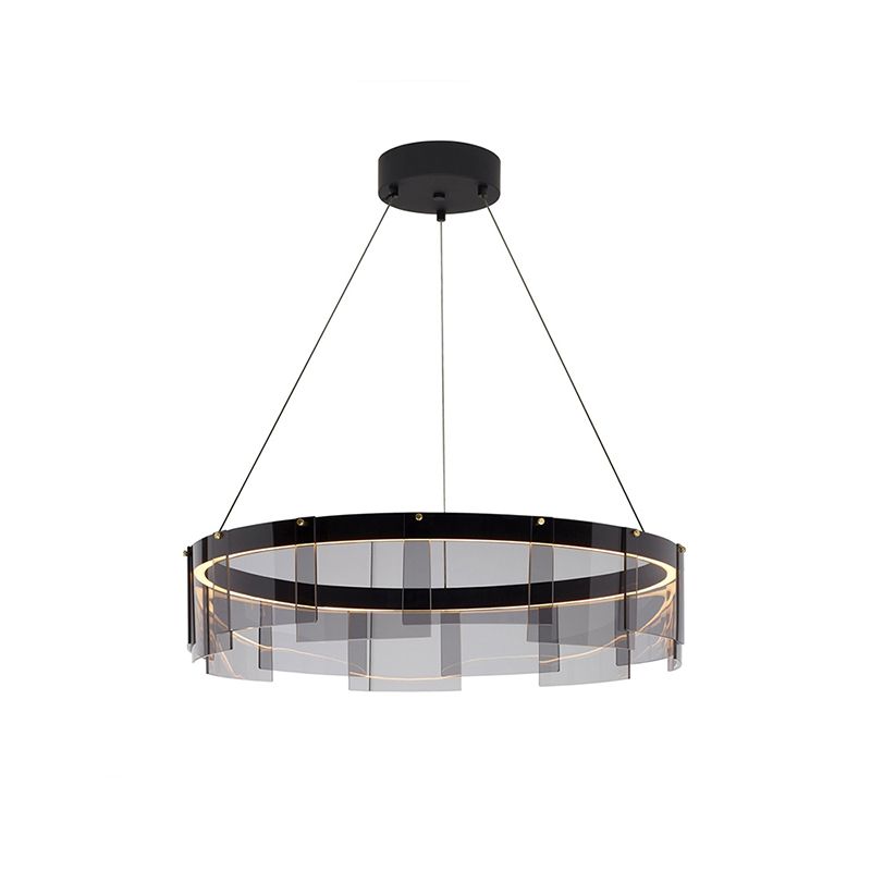 Black Glass Panel Ring Pendant Light Fixture Contemporary LED Ceiling Suspension Lamp in White/Warm Light