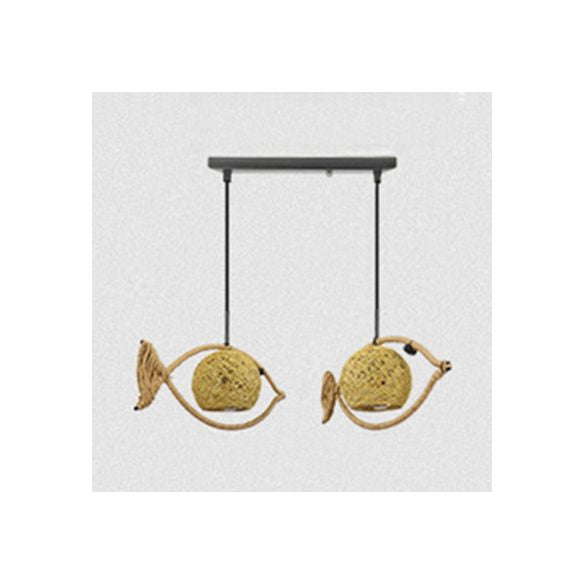 1/2/3-Light Fish Shaped Pendant Lighting Rustic Bine Single Head Hanging Lamp in Beige