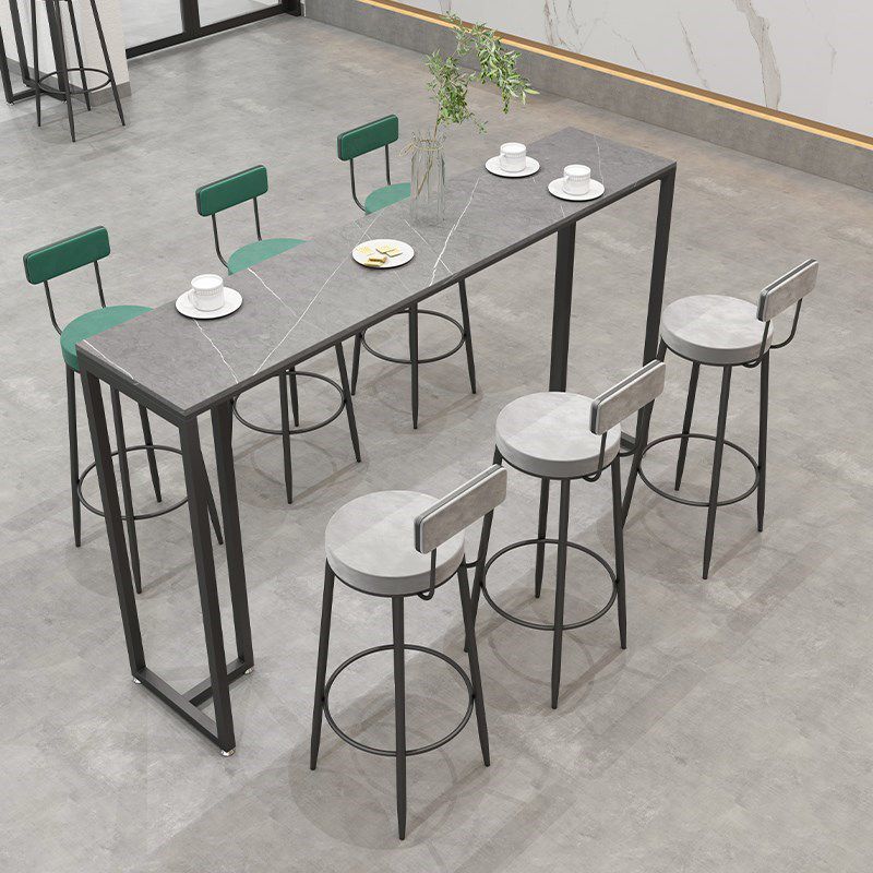 Modern Black Iron Bar Dining Table with Stone Top Rectangle Indoor Bistro Table