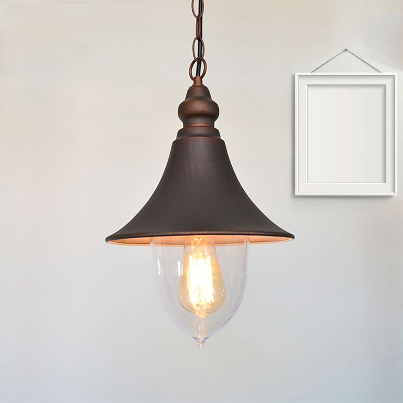 Black/Bronze/Gold Flared Hanging Light Country Style 1 Light Pendant Lighting with Clear Plastic Shade