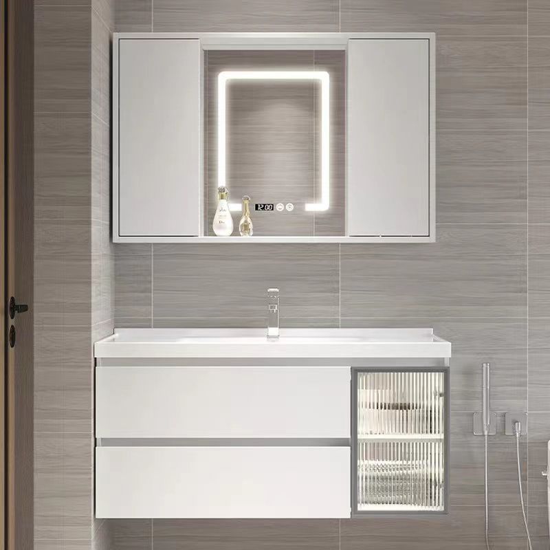 White Vanity Single Sink Rectangular 2 Drawers Wall-Mounted Bath Vanity with Mirror