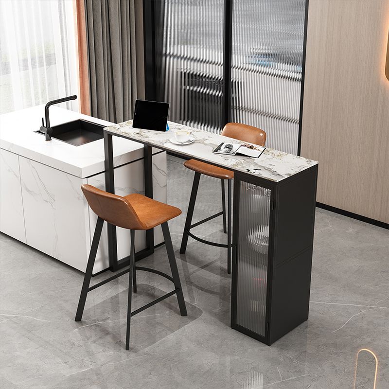 Contemporary Storage Sintered Stone Top Counter Table with Double Pedestal