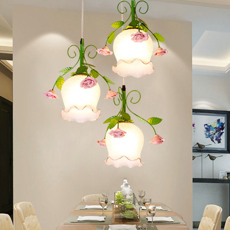 Flower White Glass Cluster Pendant Pastoral 3 Heads Dining Room LED Hanging Ceiling Light