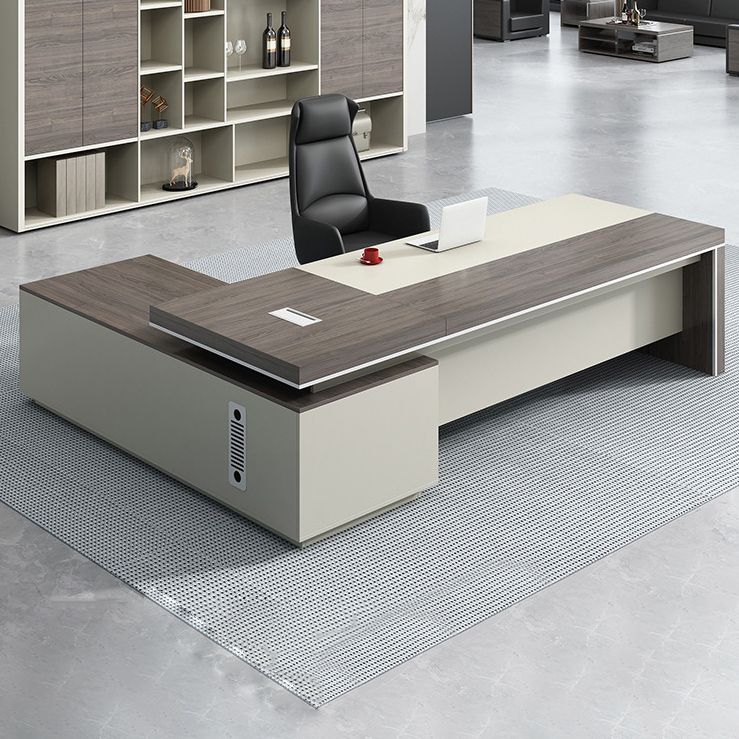 Grey Wooden Office Desk Contemporary Pedestal Desk with Cabinet