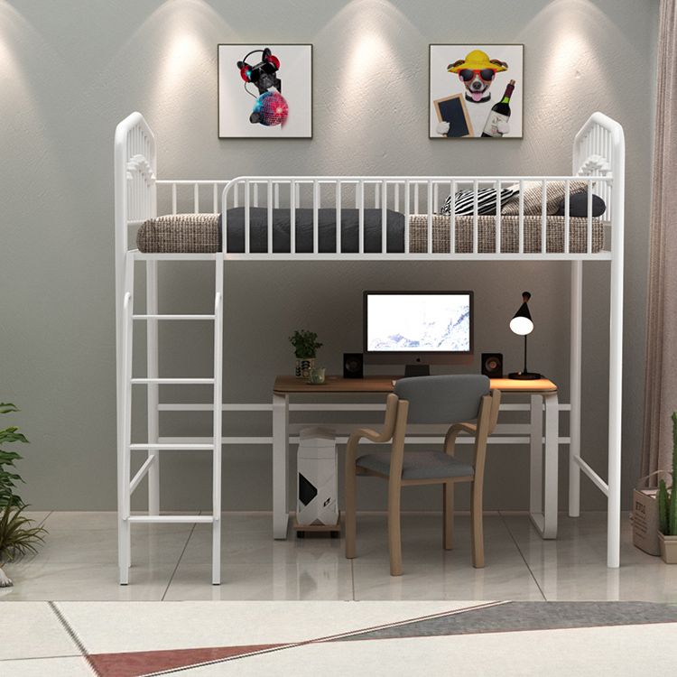 Built-In Ladder Loft Bed Metal White/Black Kids Bed with Guardrail